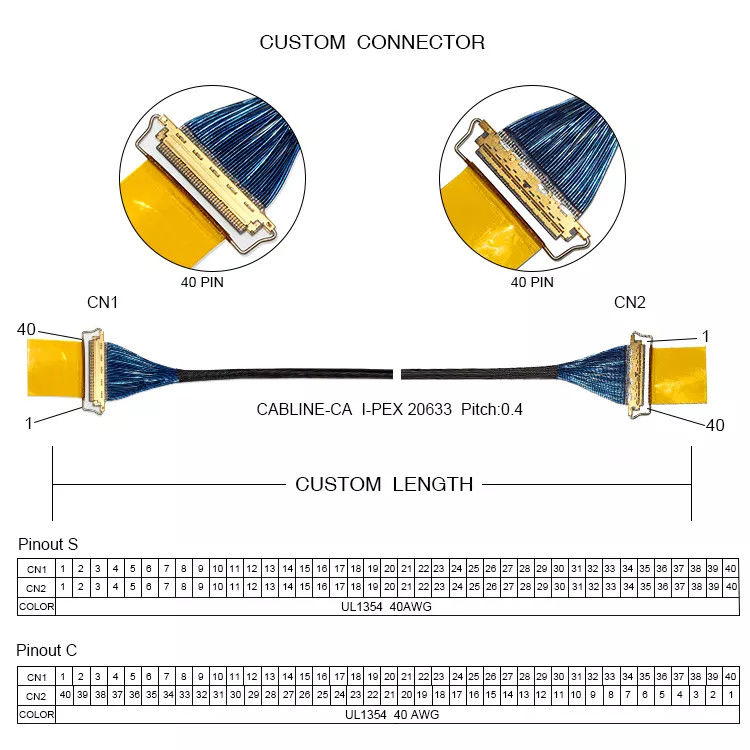 Câble Ipex 40pin 20633-240T-01S d'affichage à cristaux liquides de Pin d'ODM VDE SAA CB d'OEM 40